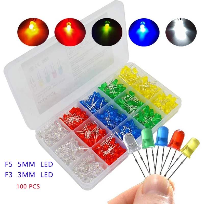 LAUBEI 100PCS/lot 3mm 5mm F3 F5 Round LED Ultra Bright White Green Yellow Blue White Red Light Emitting Diode For Diy Kit