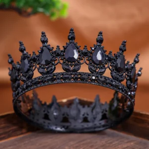 Baroque Vintage Crystal Queen King Crowns, Bridal Tiaras Black Rhinestone Beads Round Big Crown, Royal Wedding Hair Accessories