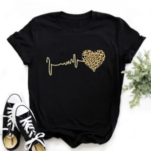 Summer New 90 's Leopard Heartbeat Short Sleeve Print Clothing Women's T-Shirt Harajuku Graphic Clothing Women's Top Tee