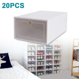 Pack of 20 Shoe Boxes Stackable Foldable Transparent Plastic Container Shoe Box with Lid White Shoe Organizer with Drawer
