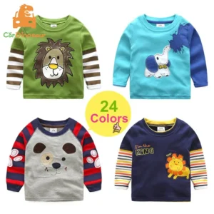 2025 Spring Autumn For 2-8 9 10 Years Children Cotton Striped Color Patchwork Cartoon Animal Baby Kids Boys Long Sleeve T-Shirts
