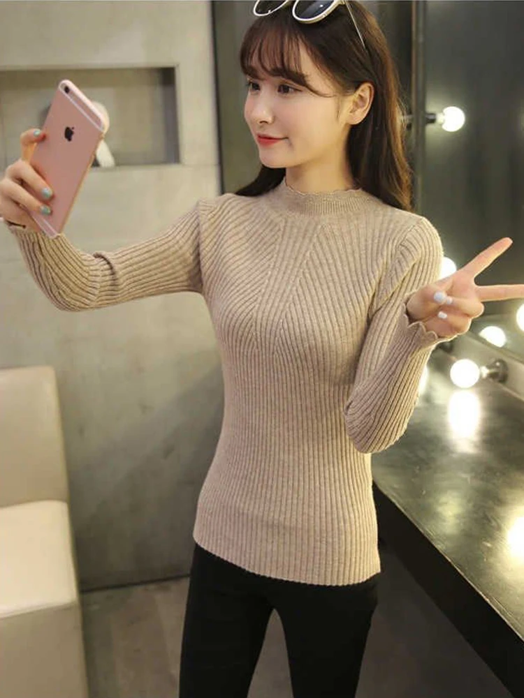 2025 Autumn Women Mock Neck Ruffles Sweater Long Sleeve Knitted Bottoming Solid Pullovers Stripe Women Casual Sweater Winter - Image 6