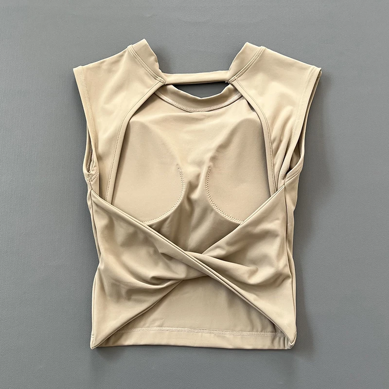 Sexy short backless fixed chest pad sports T-shirt vest women's tight quick drying sleeveless yoga top - Image 3