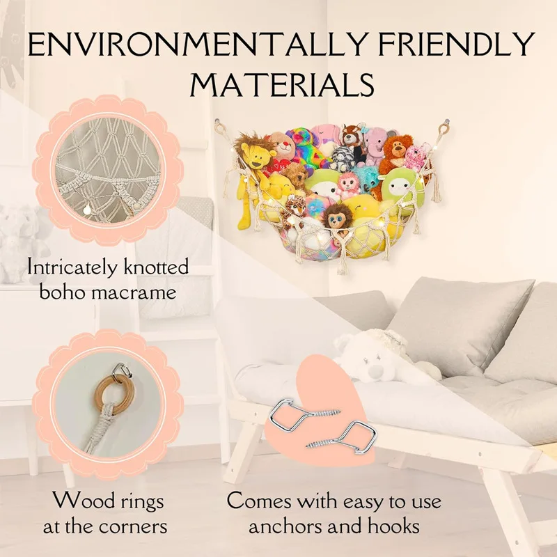 1PCS Hand-woven Rope Corner Storage Triangle Toy Net Bedroom Corner Storage Net Toy Doll Hammock Background Wall Room Decoration - Image 3