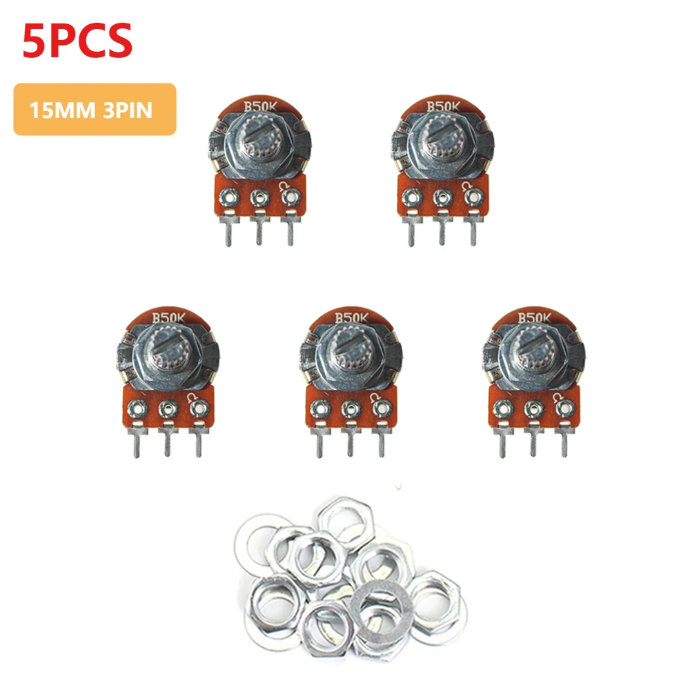 5PCS Rotary Potentiometer WH148 B10K Linear Potentiometer 15mm 3pin 1K 2K 5K 20K 50K 100K 250K 500K 1M with Nuts and Washers