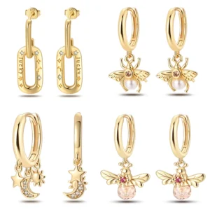 New in 925 Silver Color Gold Pearl Bee Irregularity Star Moon Earrings For Women 2024 Trending Fashion Jewelry Birthday Gifts