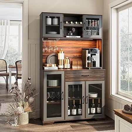 Pantry Cabinet, 71" Tall Coffee Bar Liquor Cabinet with Power Outlet & LED Lights, Kitchen Hutch Food Pantry with Microwave Stan - Image 7