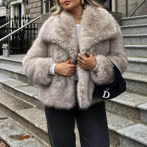 TRAFZA Women Fashion Cropped Faux Fur Jacket Coat Long Sleeve Front Snap-button Female Outerwear Chic Lapel Collar Thick Coat