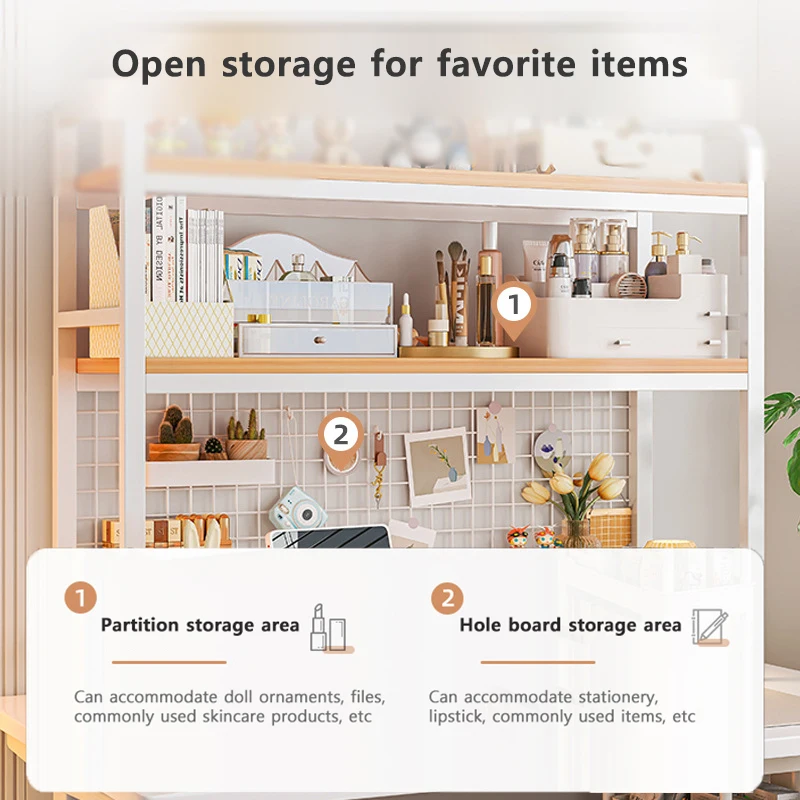 Bookshelf Bookcase With Grid Desktop Multi-layer Wrought Iron Shelf Student Computer Desk Table Hole Board Table Wooden Shelves - Image 5