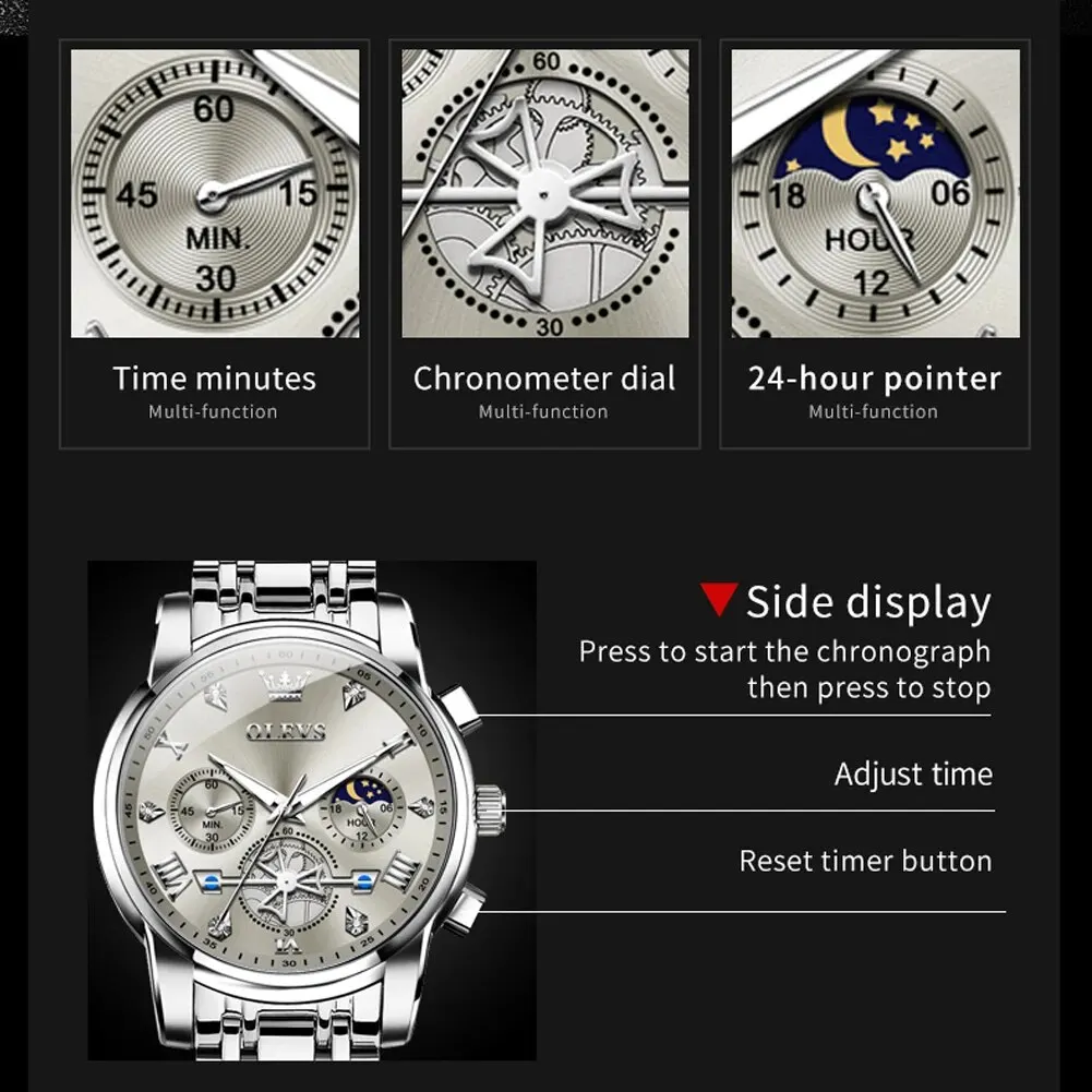 OLEVS 2856 Man Watch 24 Hour Moon Phase Chronograph Waterproof Luminous Multifuncation Original Luxury Quartz Wristwatch for Men - Image 4