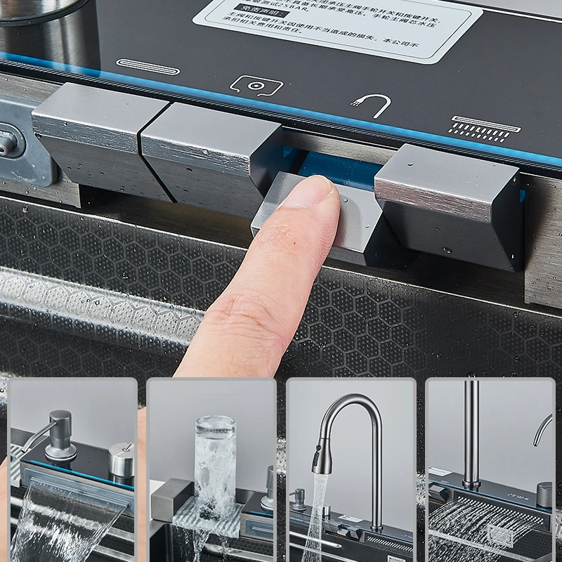 Stainless Steel Kitchen Sink with Faucet Digital Display Large Single Bowl Waterfall Rain 5 Functions System Dish Basin Sink - Image 3