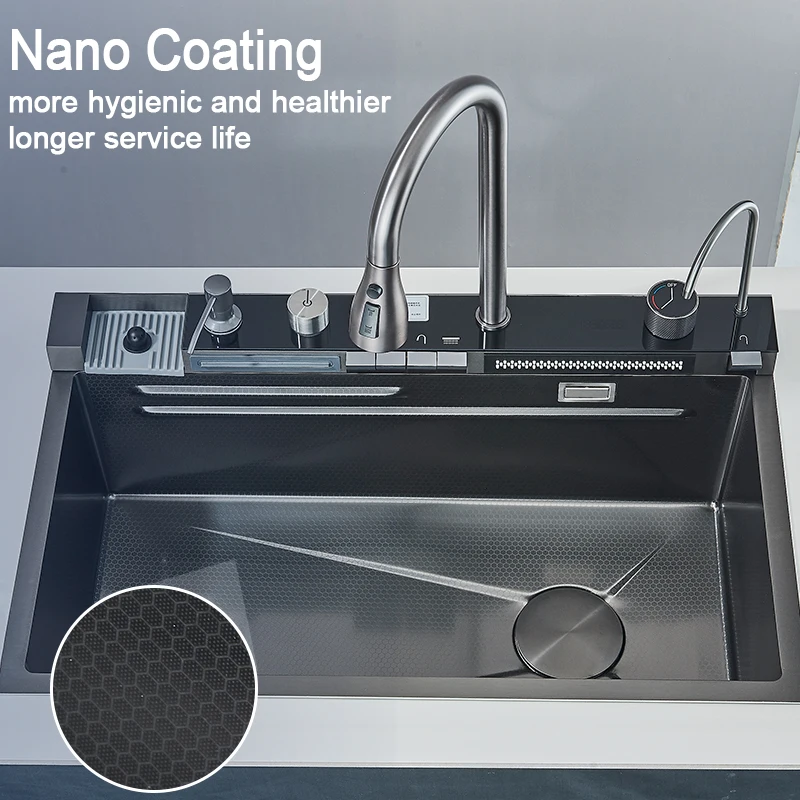 Stainless Steel Kitchen Sink with Faucet Digital Display Large Single Bowl Waterfall Rain 5 Functions System Dish Basin Sink - Image 5