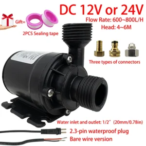 Quiet DC12V Brushless Motor Submersible Pump DC24V 1/2" 800L/H Lift 6M Shower Booster Pump with A 2.3-pin Waterproof Plug