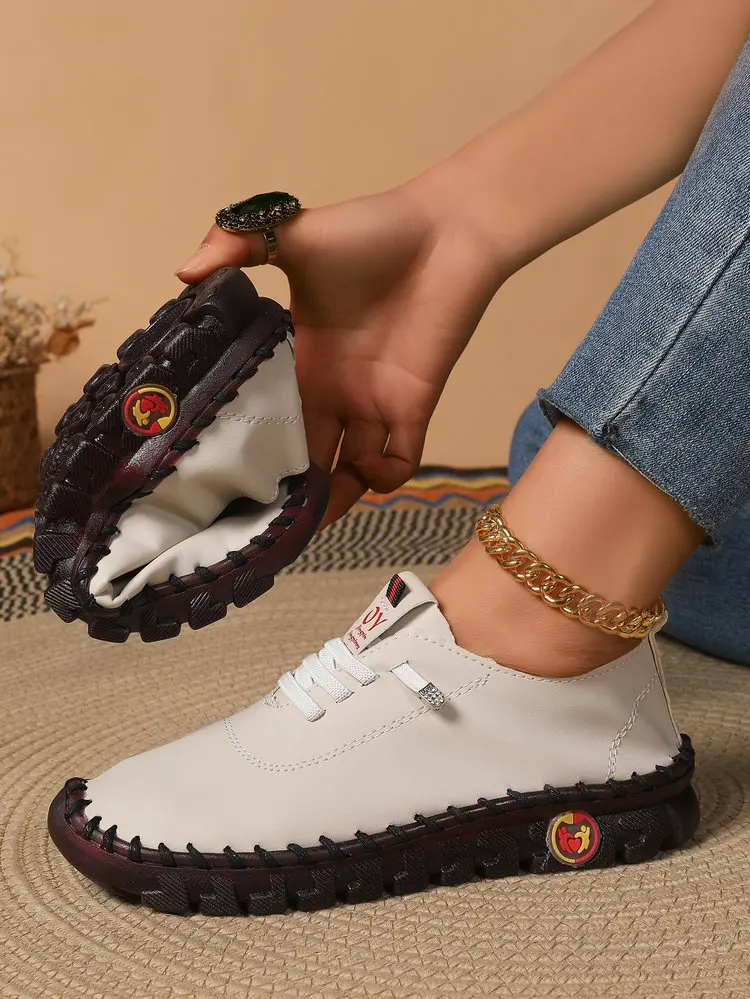 2025 Spring and Autumn Hand-stitched Single Shoes Large Size Women's Shoes Middle-aged Mom Shoes White Shoes Flat Casual Shoes - Image 7