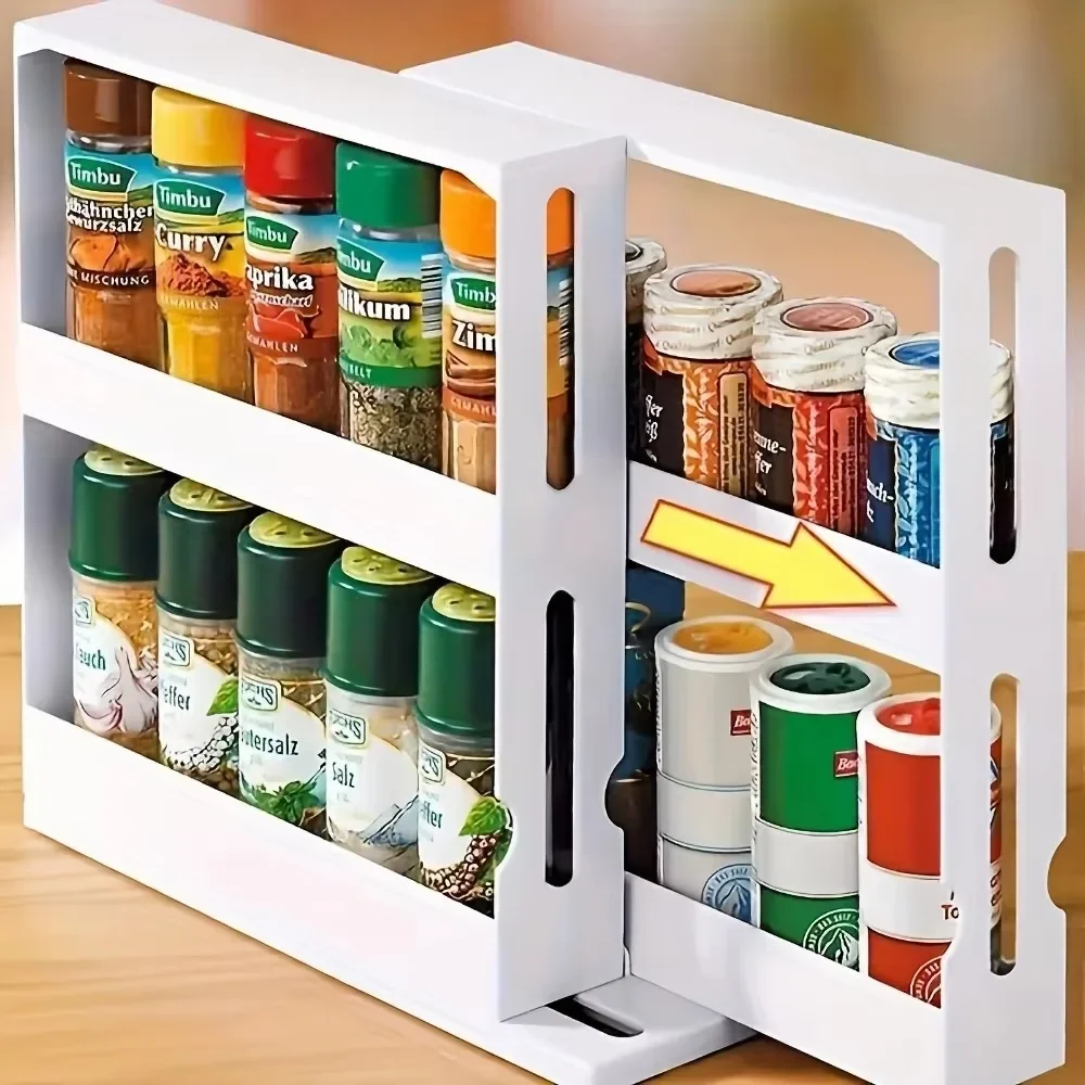 Extendable Spice Rack 2-Tier Rotating Organizer Adjustable Space Saving for Kitchen Cabinet Countertop Seasoning Storage Shelf - Image 3
