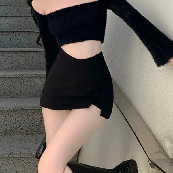 Black Split Mini Skirts Women Summer Sexy Club High Waist Slit Skirt Streetwear Korean Party Fashion Irregular Slim A Line Skirt - 图片 5