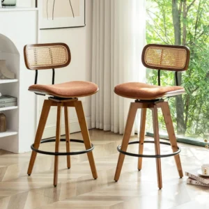 26" Rattan Bar Stools Set of 2 Linen Fabric Counter Height Swivel Barstools with Rattan Backrest and Wooden Legs,Armless Mid Cen