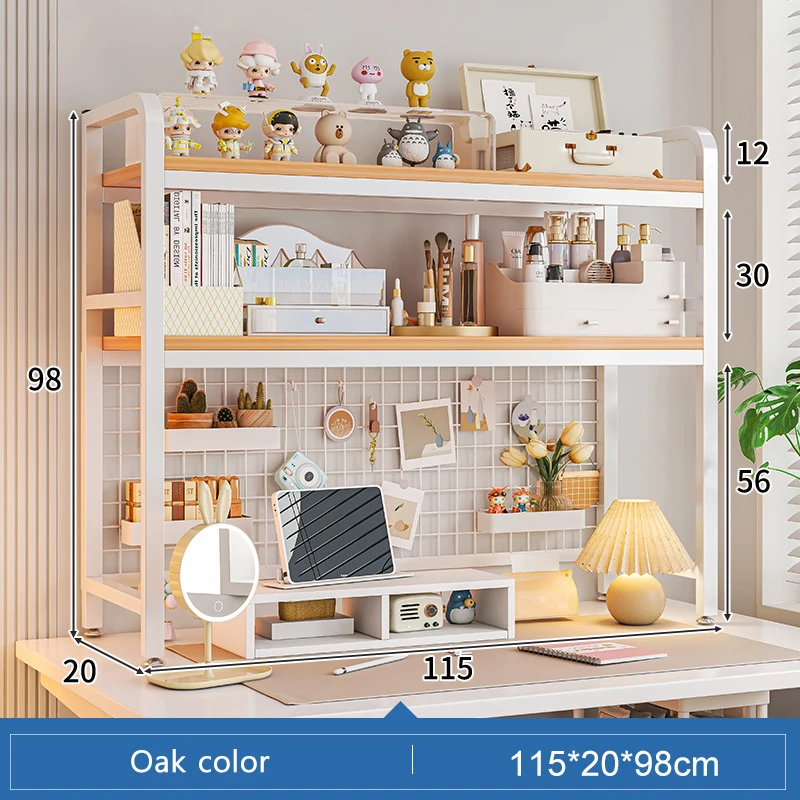 Bookshelf Bookcase With Grid Desktop Multi-layer Wrought Iron Shelf Student Computer Desk Table Hole Board Table Wooden Shelves - Image 18