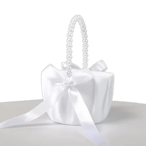 Wedding White Satin Bow Flower basket Flower Carrying basket with pearl handle suitable for bridesmaids and flower girls