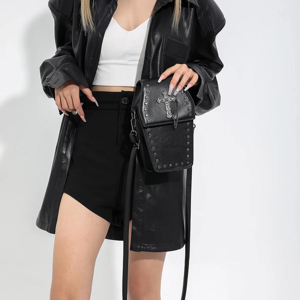 Gothic Crossbody Bag for Women Coffin Shoulder Bag Purse Cartoon Y2K Messenger Cellphone Bag PU Leather Halloween Gift Phone Bag - Image 4